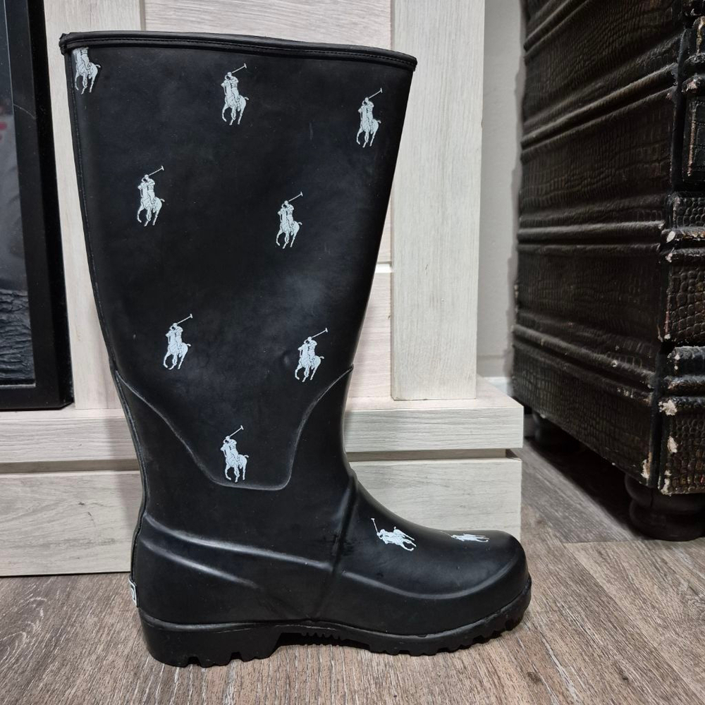 Polo Black Rain Boots with White Logos kids sz 2
